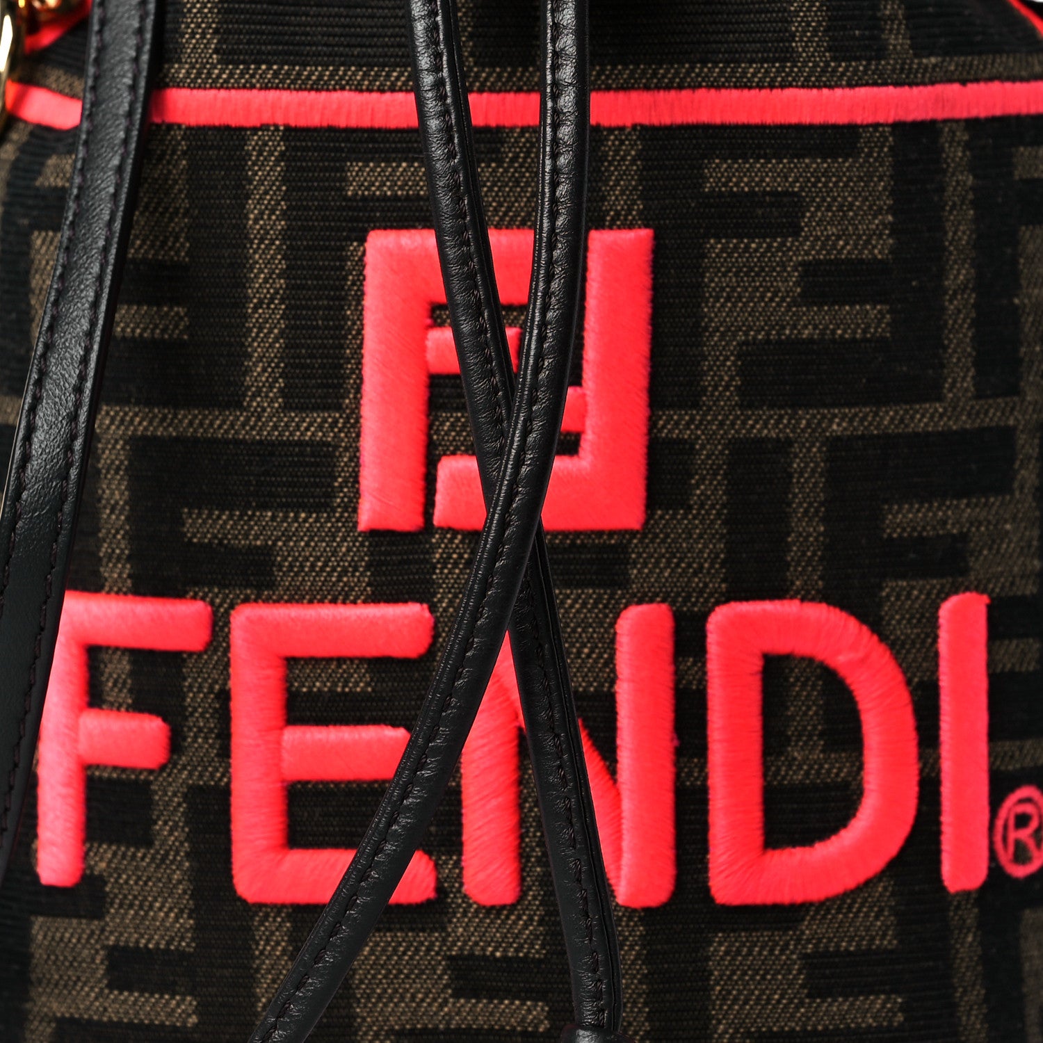 Fendi Fabric Jacquard Shiny Nappa FF 1974 Logo Threaded Edge Mini Mon Tresor Bucket Bag Tobacco Moro Fuxia Fluo 7 of 9