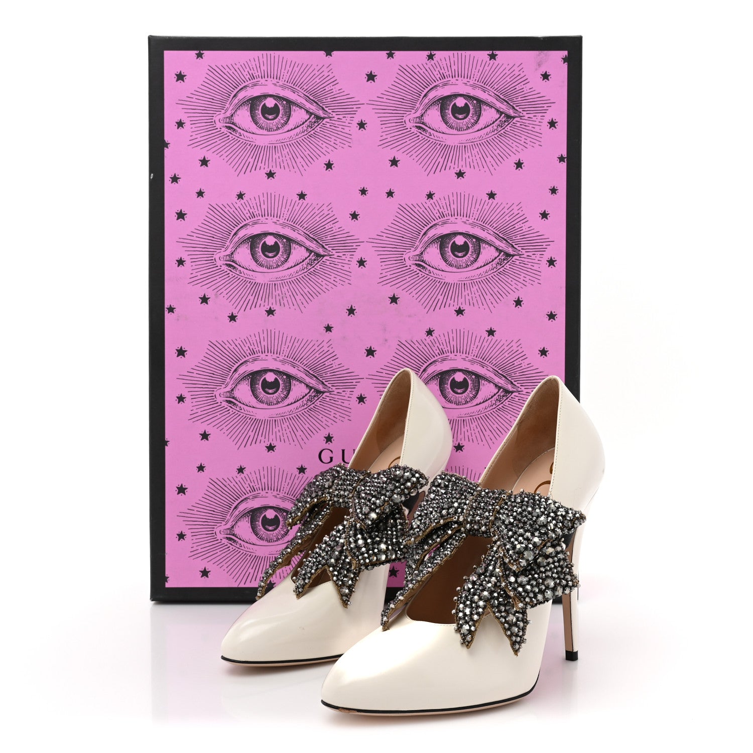Gucci Regent Calfskin Crystal Removable Bow Elaisa Platform High Heel Pumps 37 White Magnolia 14 of 14