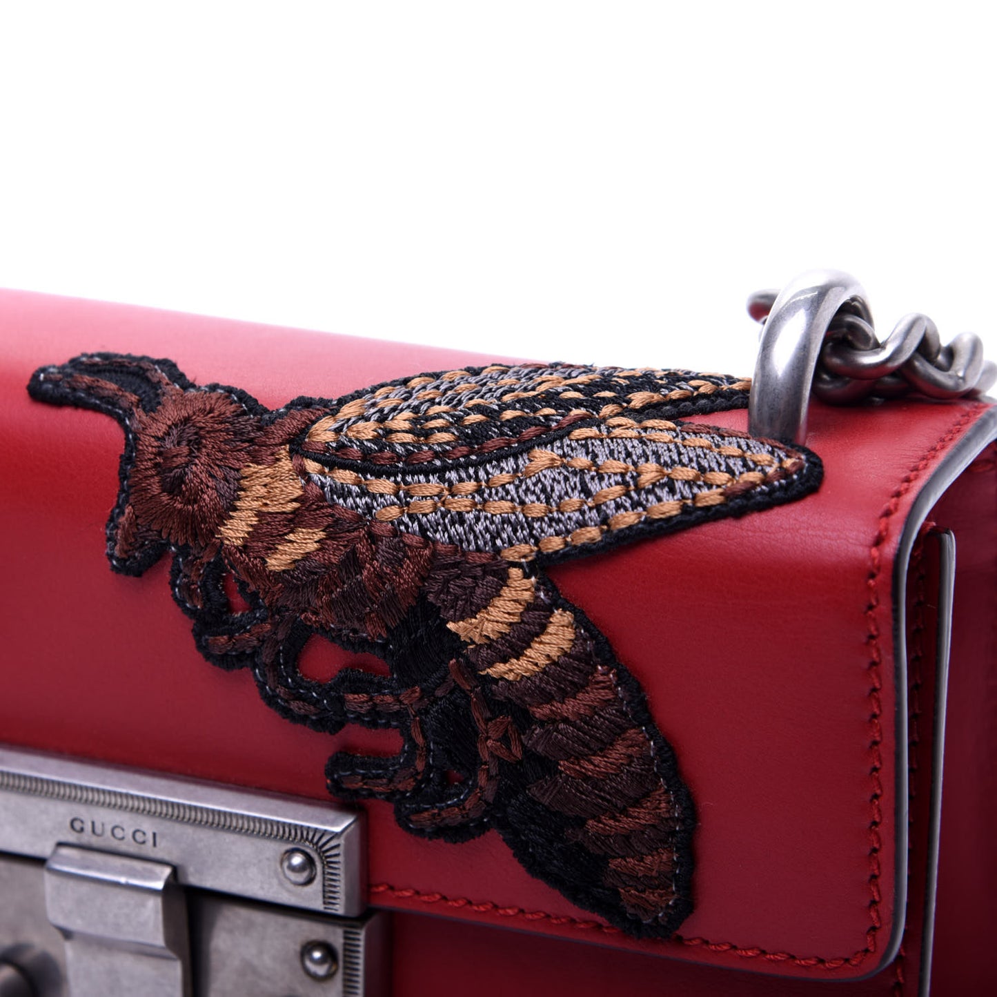 Calfskin Bee Embroidered Small Padlock Shoulder Bag Hibiscus Red