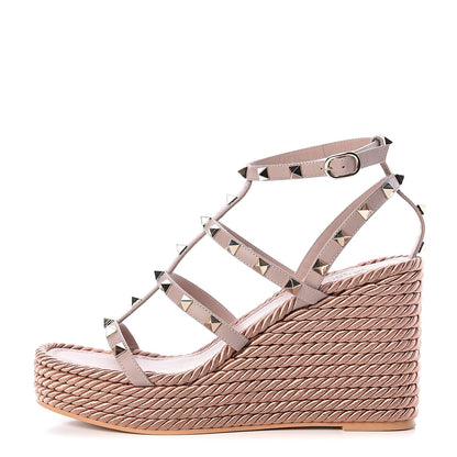 Valentino Garavani Calfskin Rockstud Ankle Strap Torchon Espadrille Caged 25/95mm Wedge Sandals 39 Poudre 1 of 11