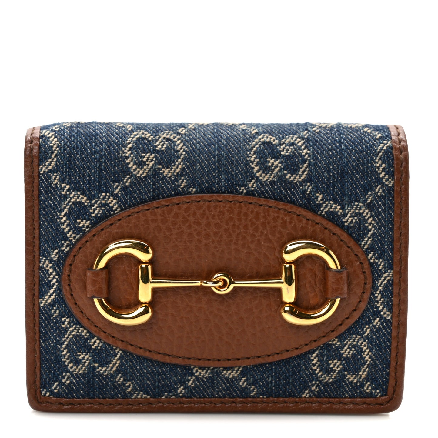 New Denim GG Monogram Dollar Calfskin Horsebit 1955 Card Case Wallet Blue Tea Cuir Epilog