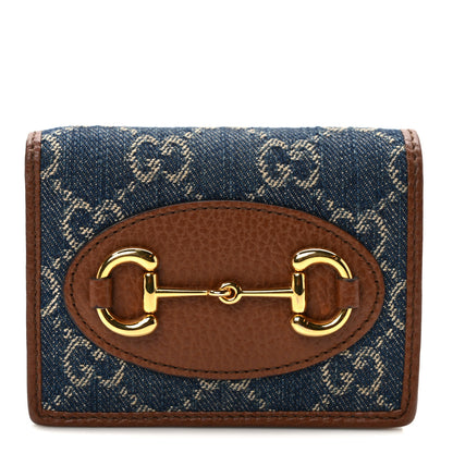 Gucci New Denim GG Monogram Dollar Calfskin Horsebit 1955 Card Case Wallet Blue Tea Cuir Epilog 1 of 9