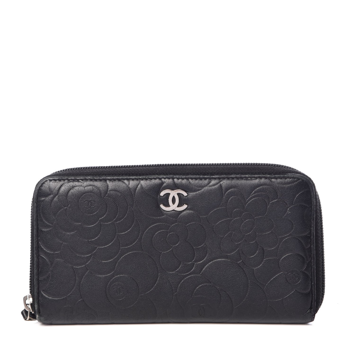 Lambskin Camellia Embossed Large Zip Around Gusset Wallet Black