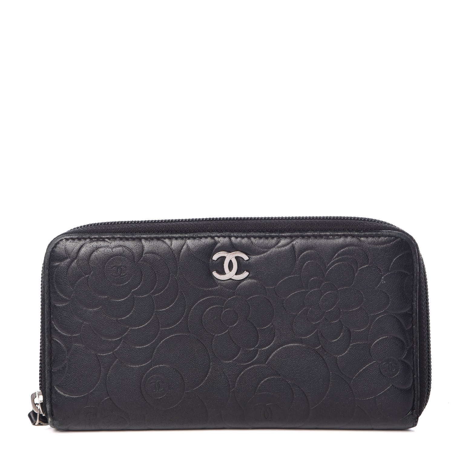 Chanel Lambskin Camellia Embossed Large Zip Around Gusset Wallet Black 1 of 15