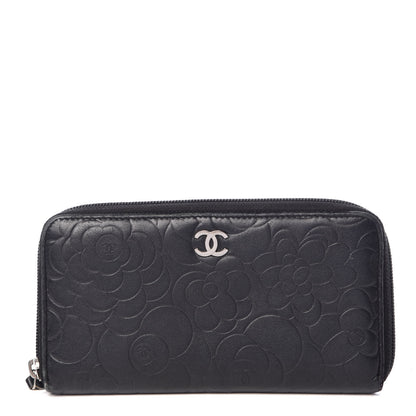 Chanel Lambskin Camellia Embossed Large Zip Around Gusset Wallet Black 1 of 15