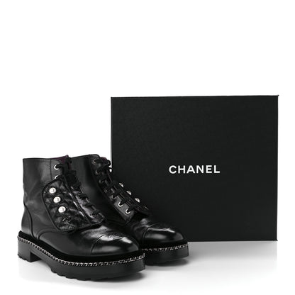 Chanel Crackled Calfskin Velvet Pearl Combat Short Boots 39 Black 11 of 11