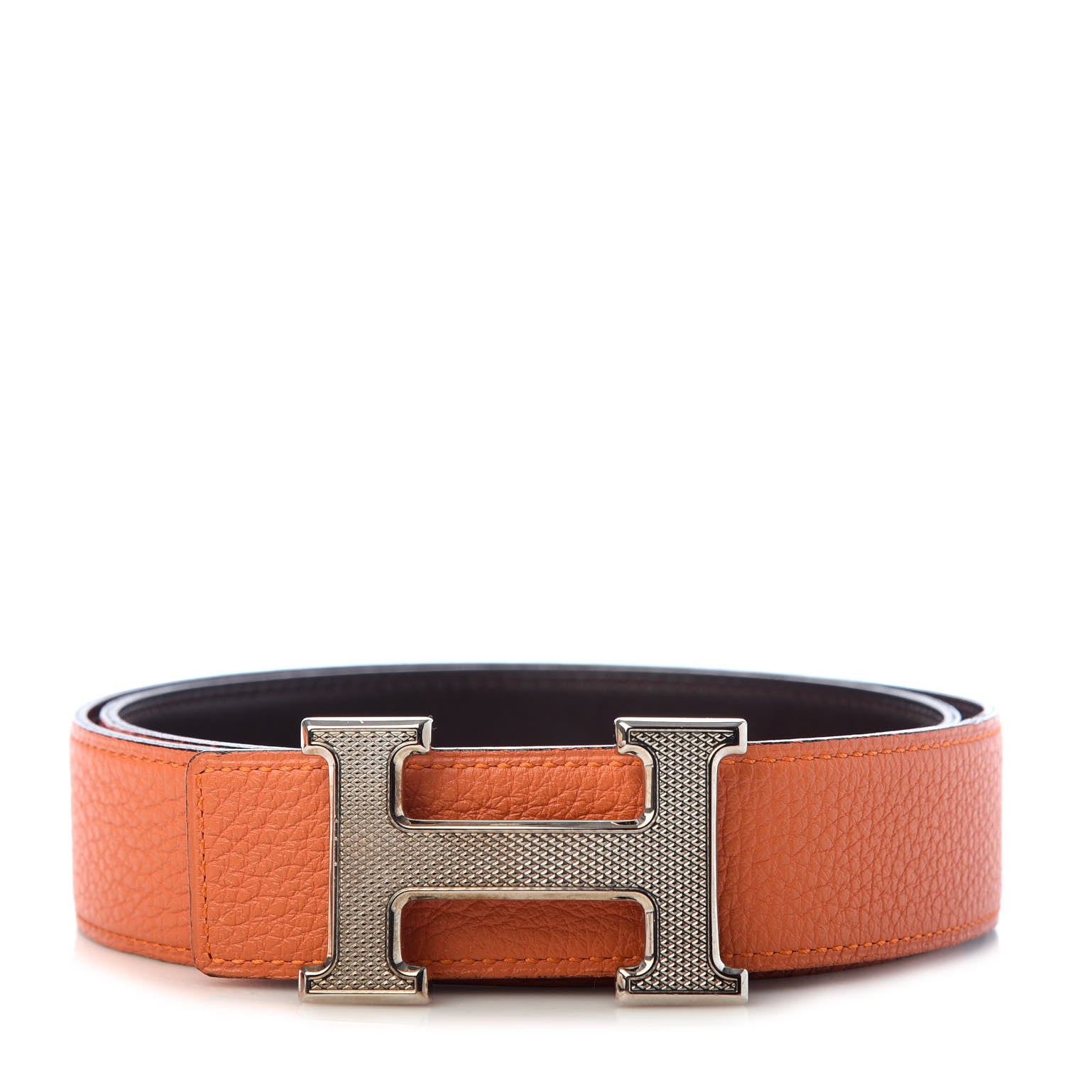 Hermes Box Togo 32mm Guilloche H Belt 80 Chocolate Orange 1 of 6