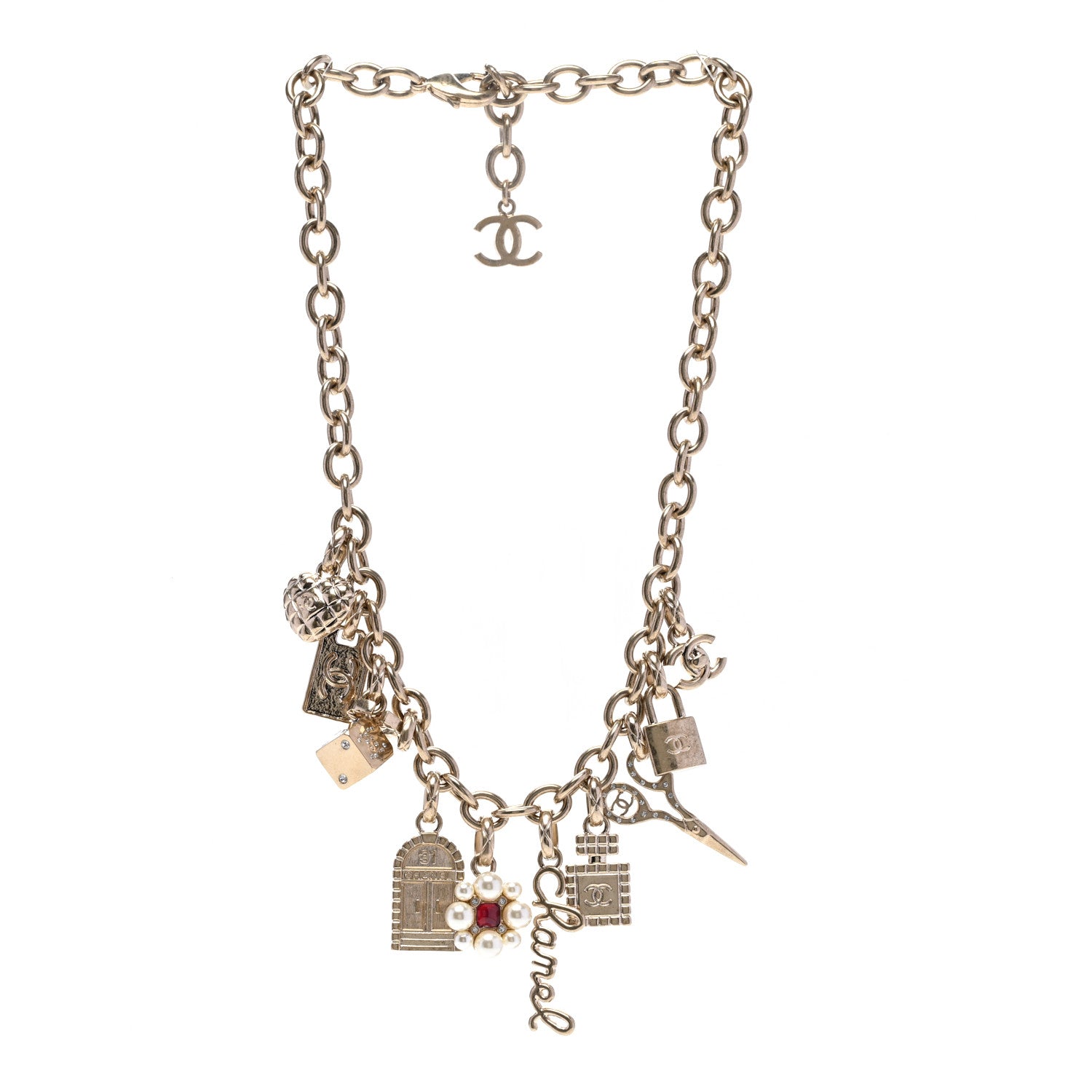 Chanel Metal Crystal Pearl Resin Charms Necklace Gold Red Pearly White 3 of 6