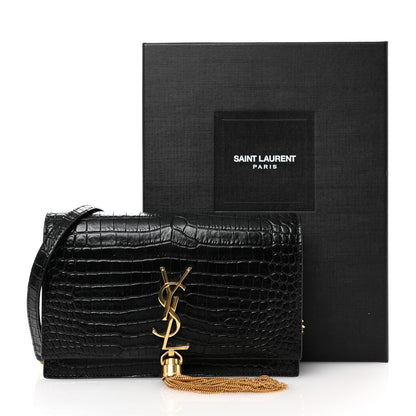 Saint Laurent Calfskin Crocodile Embossed Kate Monogram Tassel Chain Wallet Black 10 of 10