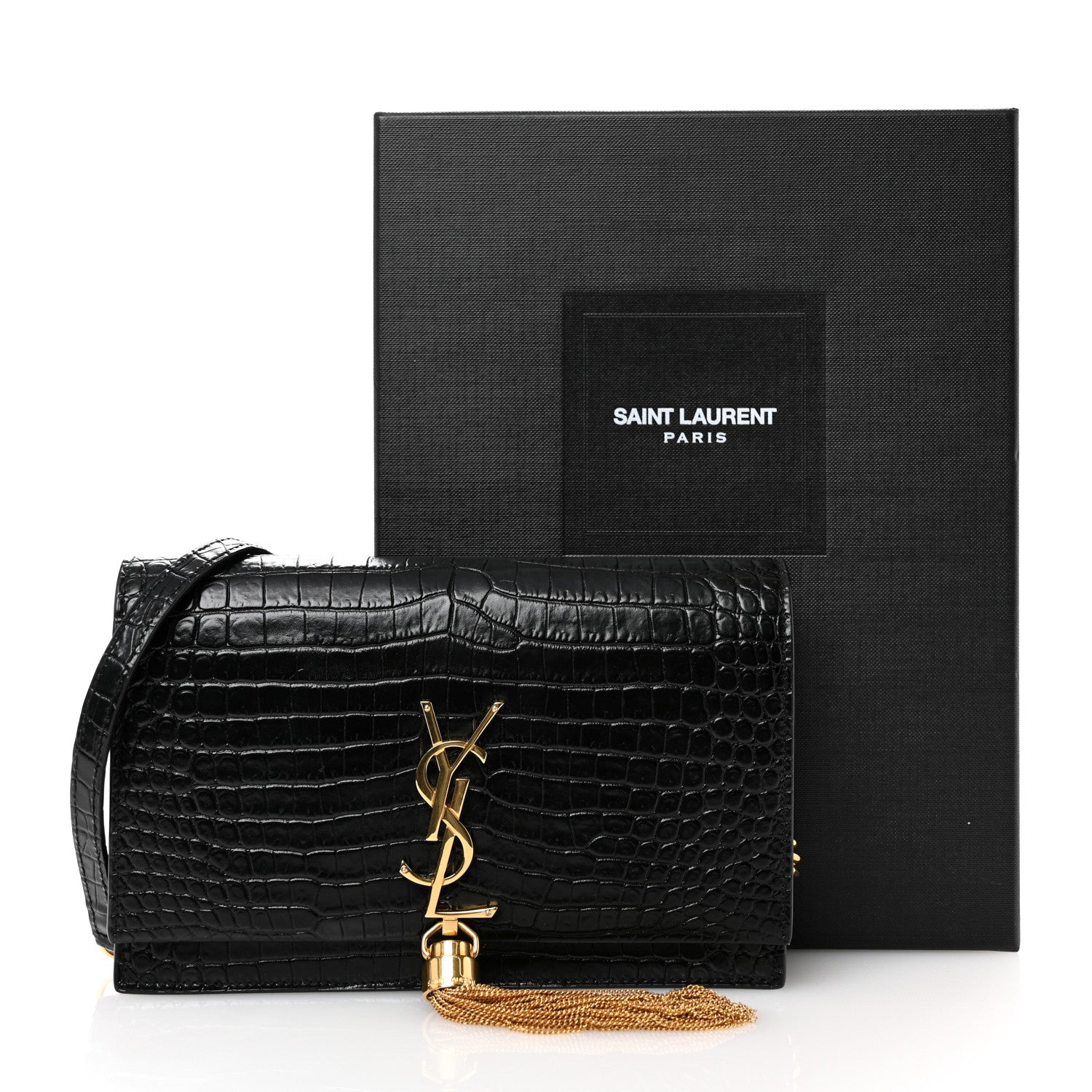 Saint Laurent Calfskin Crocodile Embossed Kate Monogram Tassel Chain Wallet Black 10 of 10