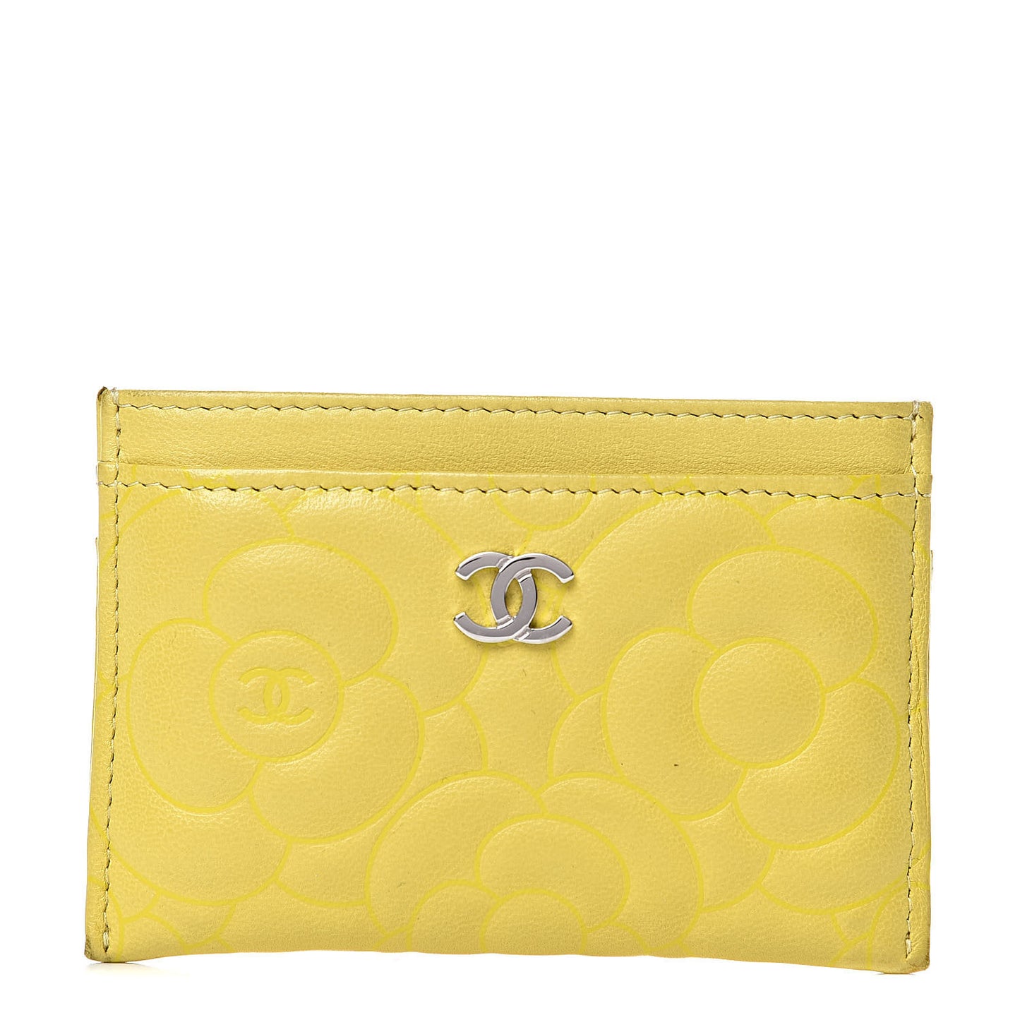 Goatskin Camellia Embossed Card Holder Yellow
