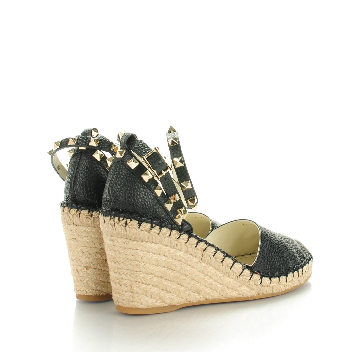 Grained Calfskin Rockstud Ankle Wrap Espadrille 15/85mm Wedges 40 Black Light Ivory