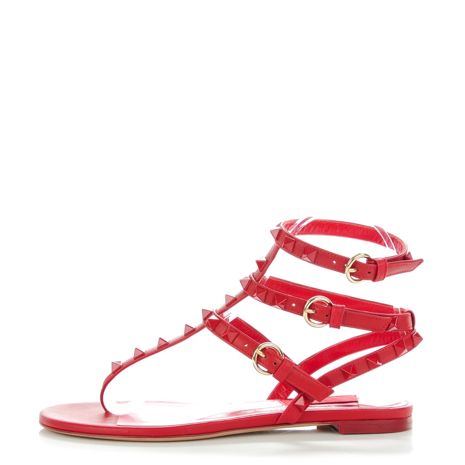 Valentino Garavani Calfskin Monochrome Rockstud Ankle Wrap Flat Thong Sandals 35 Rosso 1 of 8