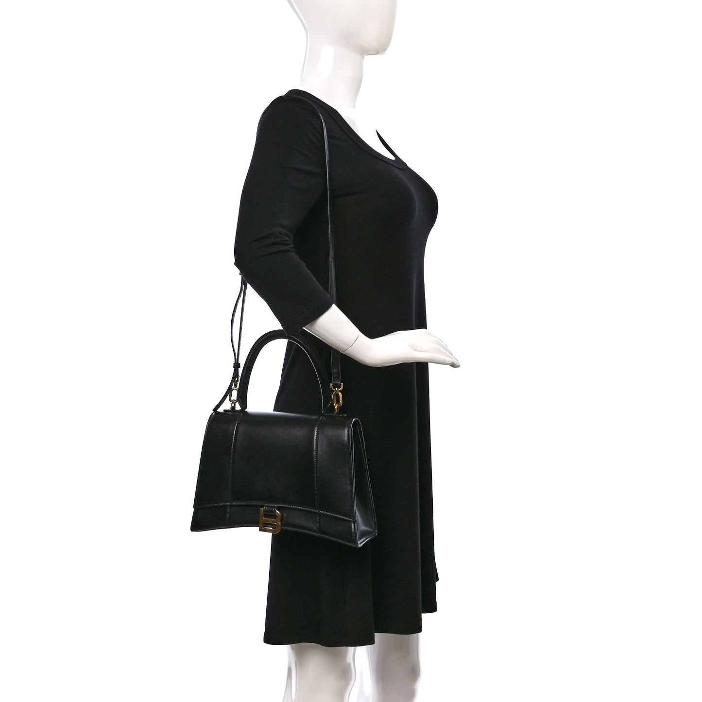 Shiny Box Calfskin Medium Hourglass Top Handle Bag Black
