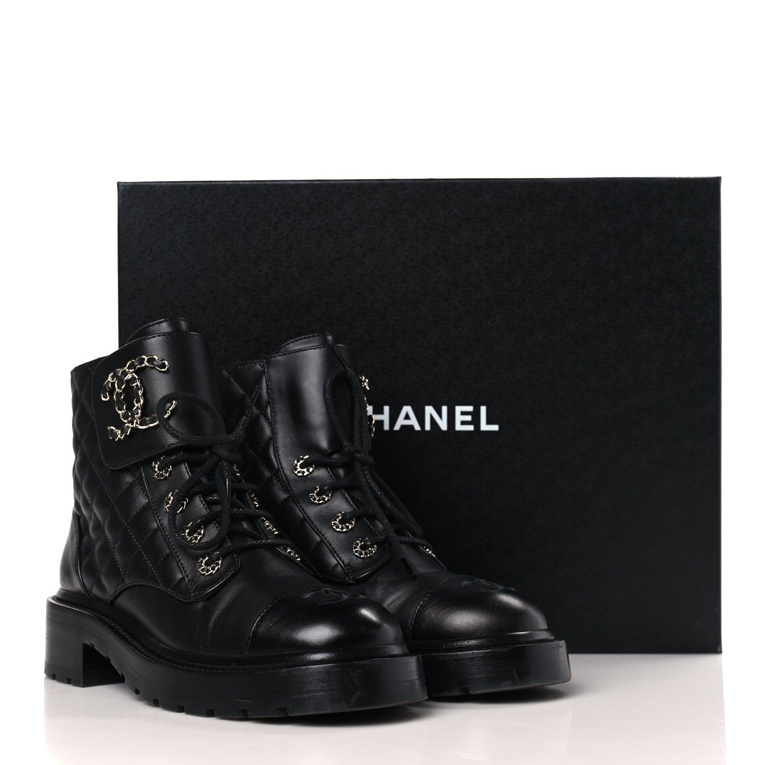 Chanel Shiny Calfskin Quilted Lace Up Combat Boots 38 Black 8 of 8