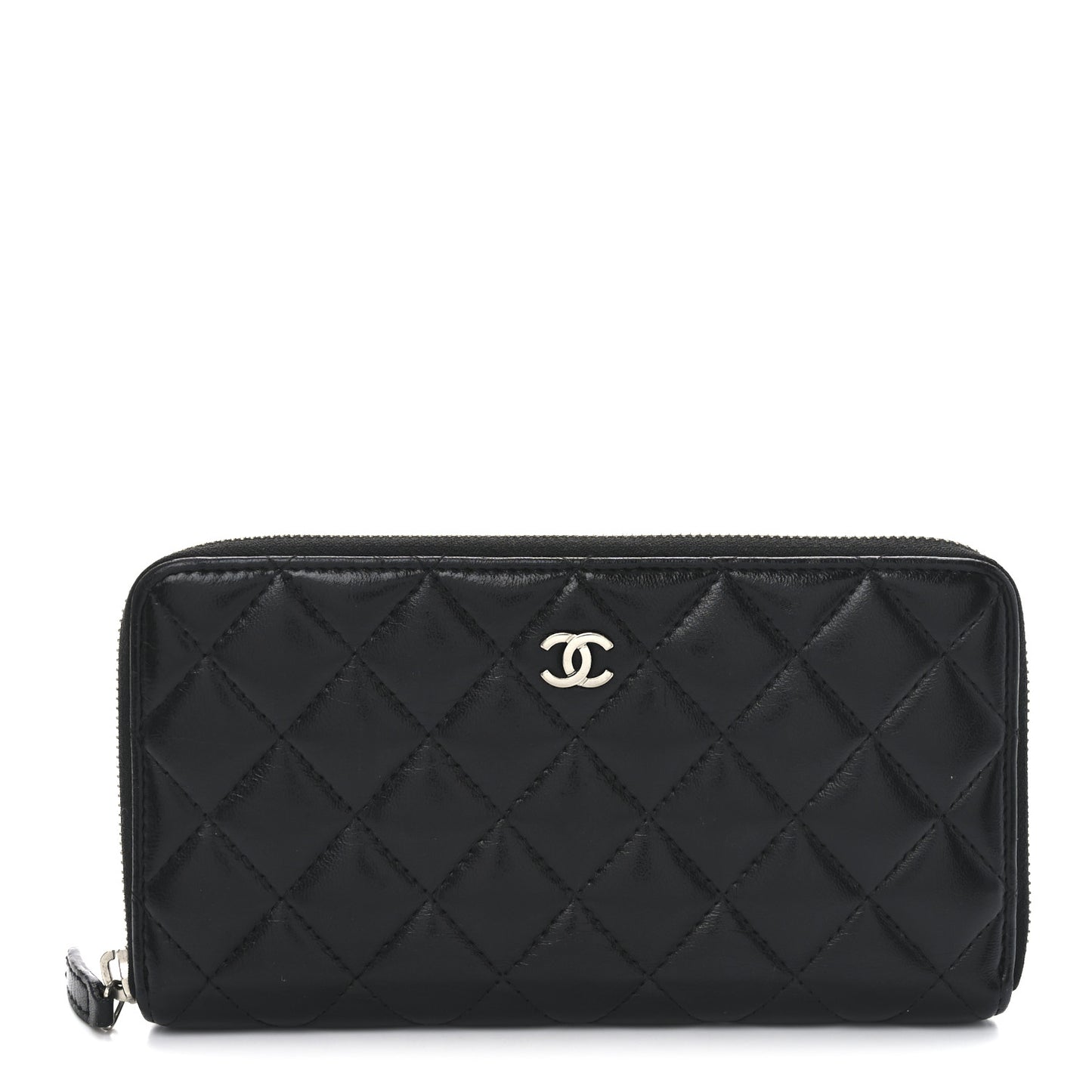 Lambskin Quilted Large Gusset Zip Around Wallet Black