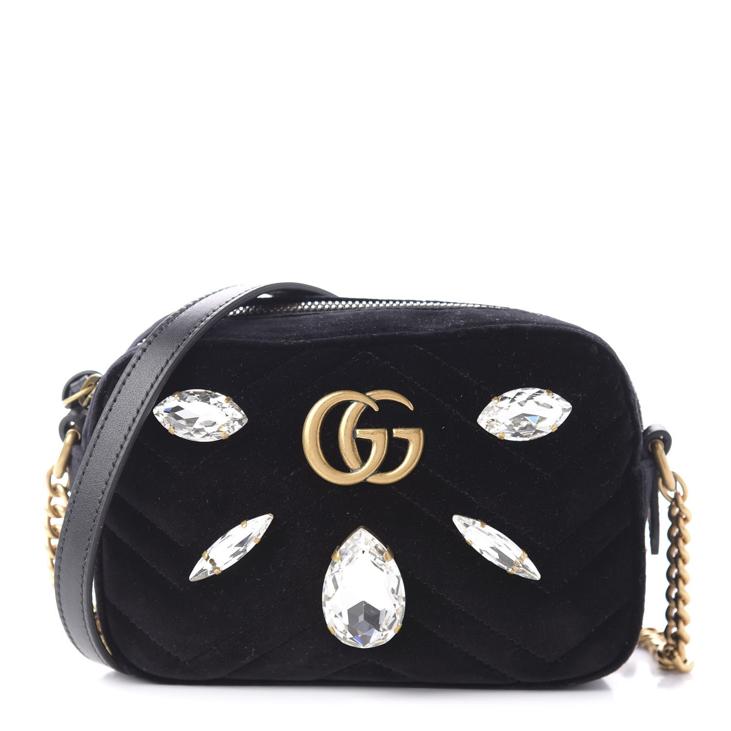 Gucci Velvet Matelasse Marquise Crystals Mini GG Marmont Chain Shoulder Bag Black 1 of 10
