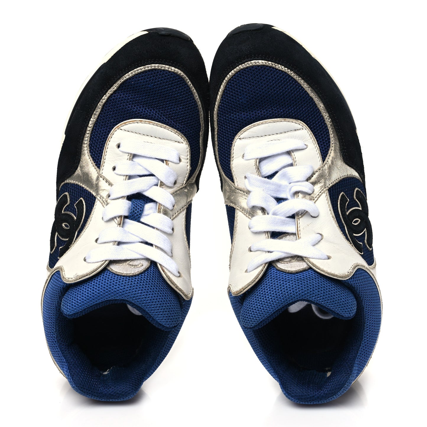 Mesh Suede Calfskin Womens CC Sneakers 38 Dark Blue Black White