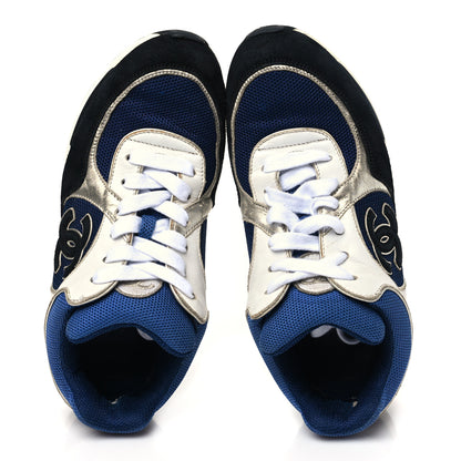 Chanel Mesh Suede Calfskin Womens CC Sneakers 38 Dark Blue Black White 2 of 12