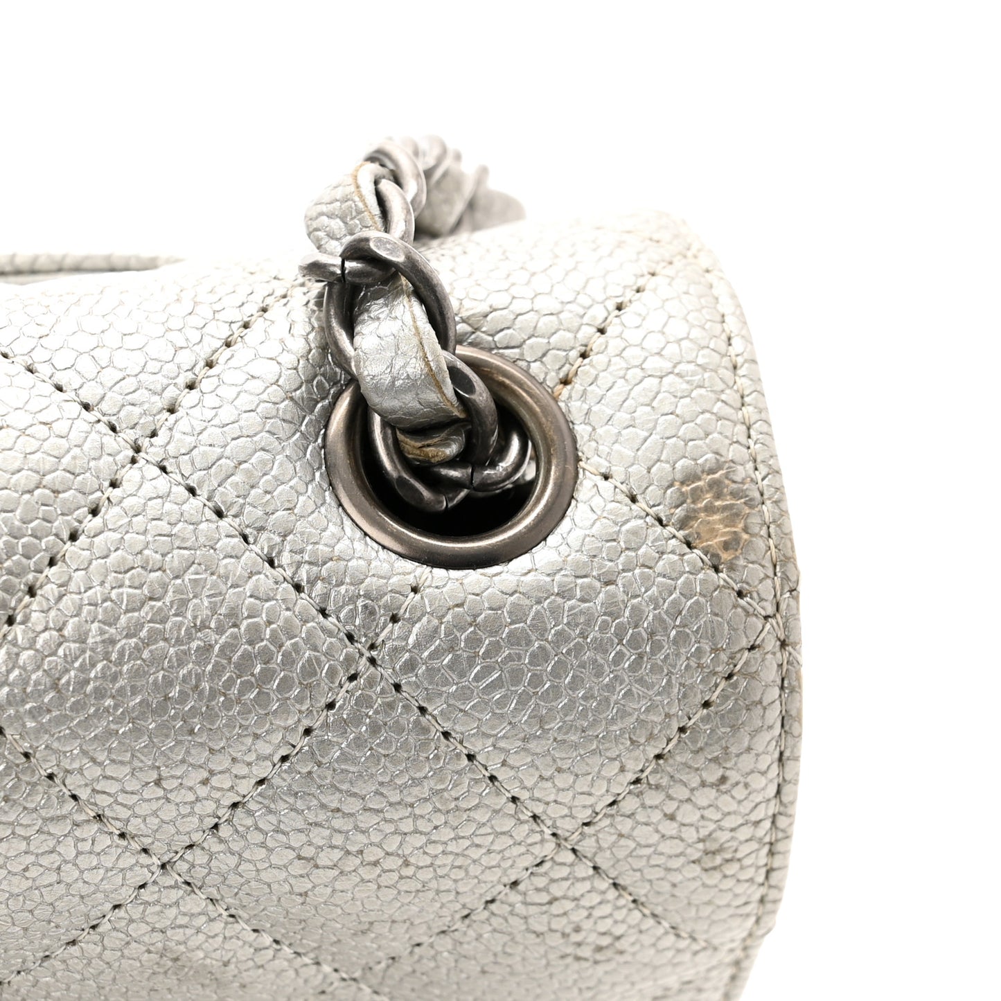 Metallic Caviar Quilted Mini Rectangular Flap Silver