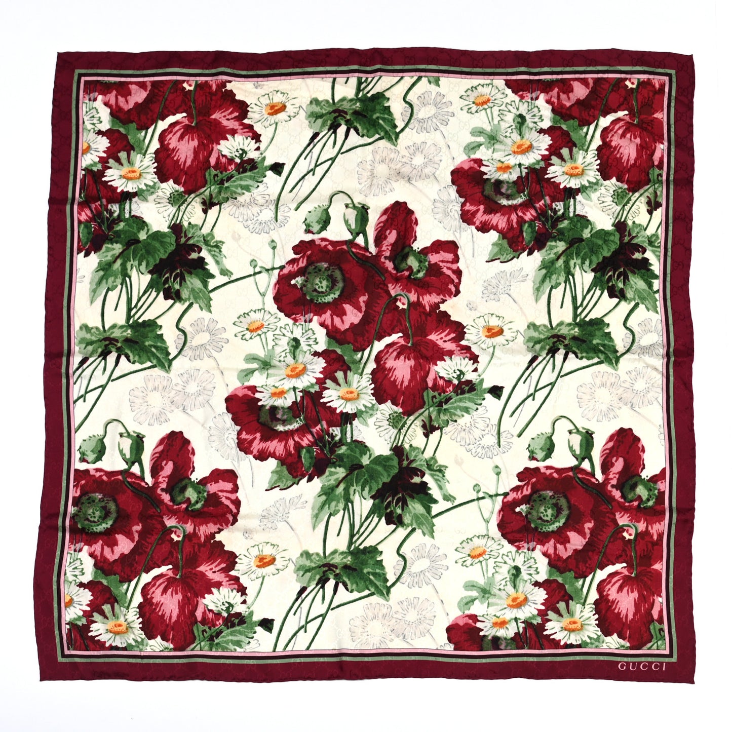 Silk Jacquard GG Monogram Deep Love Square Scarf Ivory Red