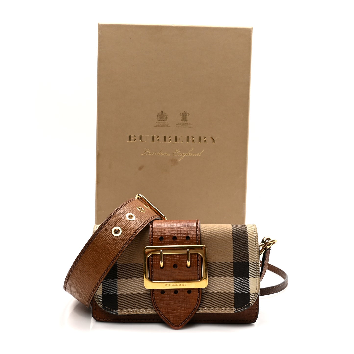 House Check Bridle Calfskin Small Madison Buckle Bag Tan