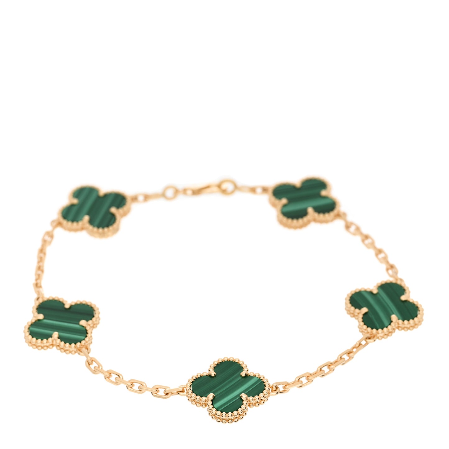18K Yellow Gold Malachite 5 Motifs Vintage Alhambra Bracelet