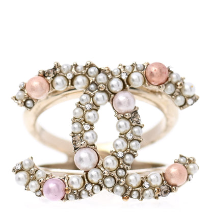 Chanel Pearl Crystal CC Charms Ring 6.25 Light Gold Pink 1 of 6