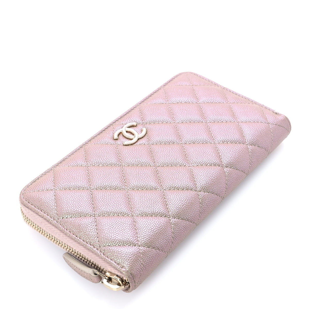 Iridescent Caviar Quilted Large Gusset Zip Around Wallet Beige