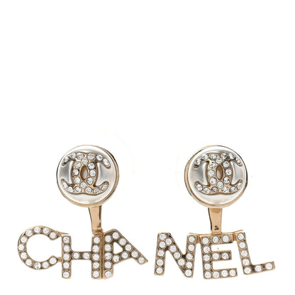 Chanel Pearl Crystal Logo Earrings Gold Pearly White 1 of 5