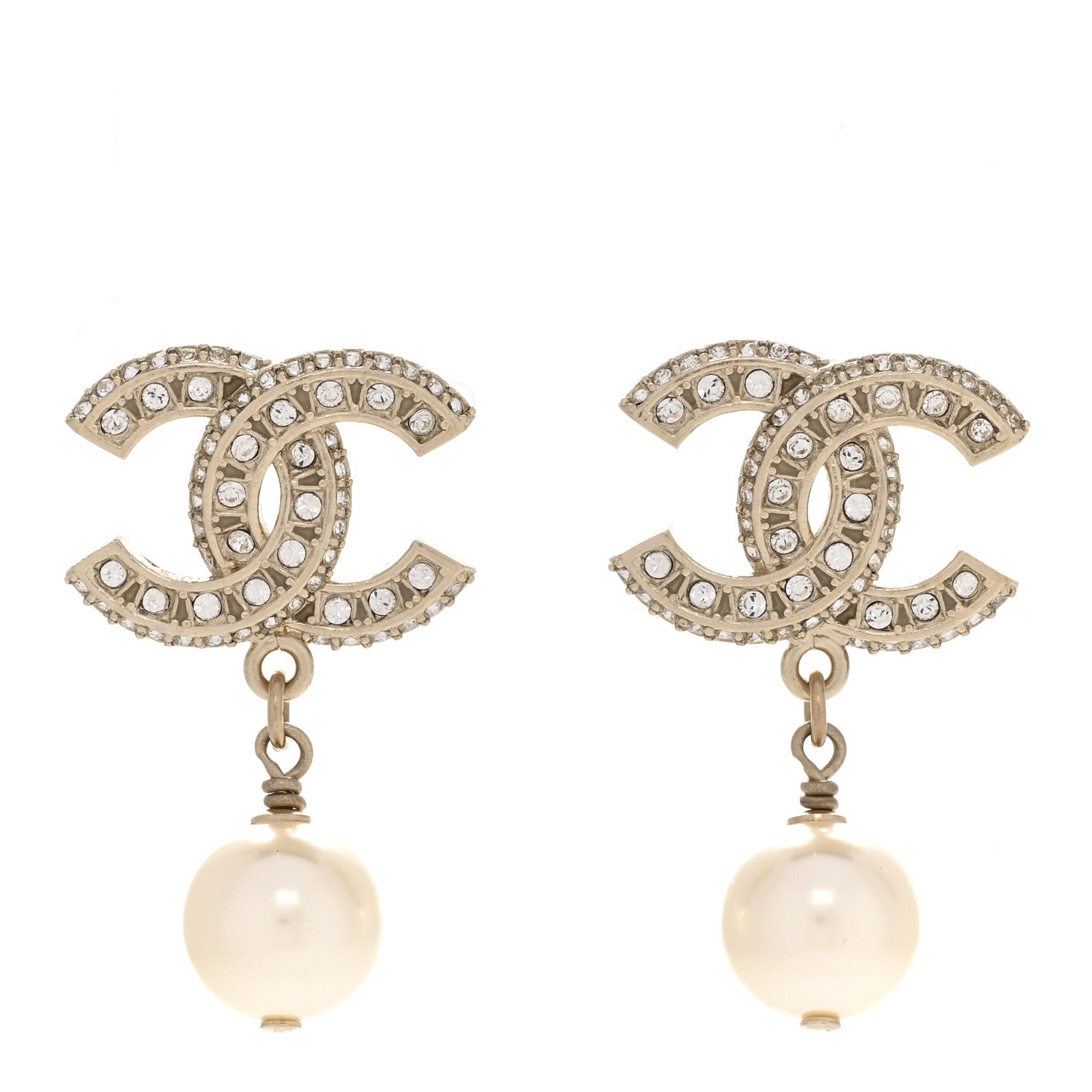 Chanel Crystal Timeless CC Pearl Drop Earrings Light Gold 1 of 5