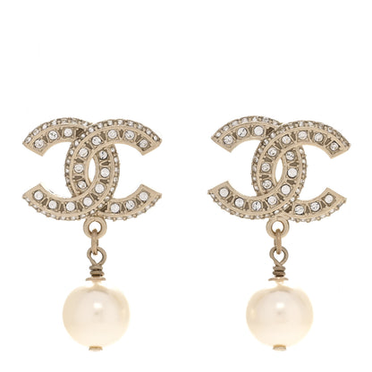 Chanel Crystal Timeless CC Pearl Drop Earrings Light Gold 1 of 5