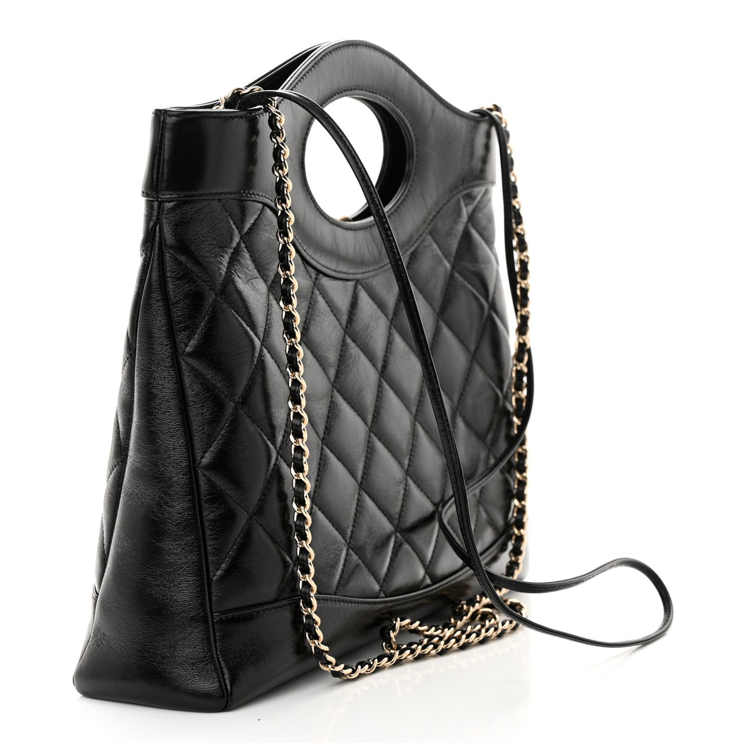 Shiny Lambskin Quilted Small 31 Shopping Bag Black