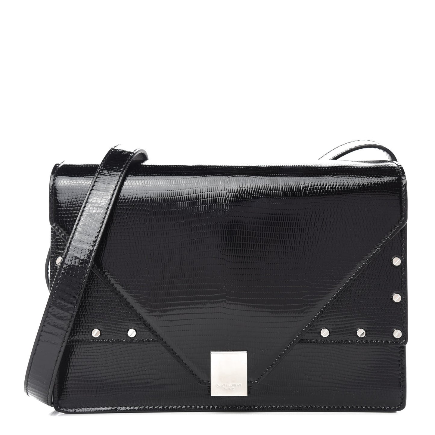 Patent Calfskin Lizard Embossed Medium Margaux Shoulder Bag Black