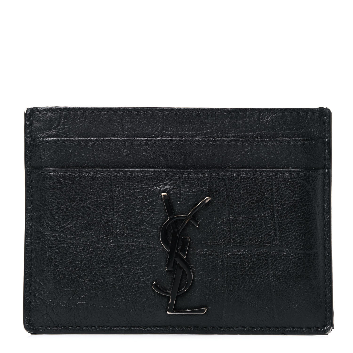 Saint Laurent Calfskin Crocodile Embossed Monogram Credit Card Case Black 1 of 11