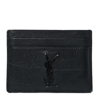 Saint Laurent Calfskin Crocodile Embossed Monogram Credit Card Case Black 1 of 11
