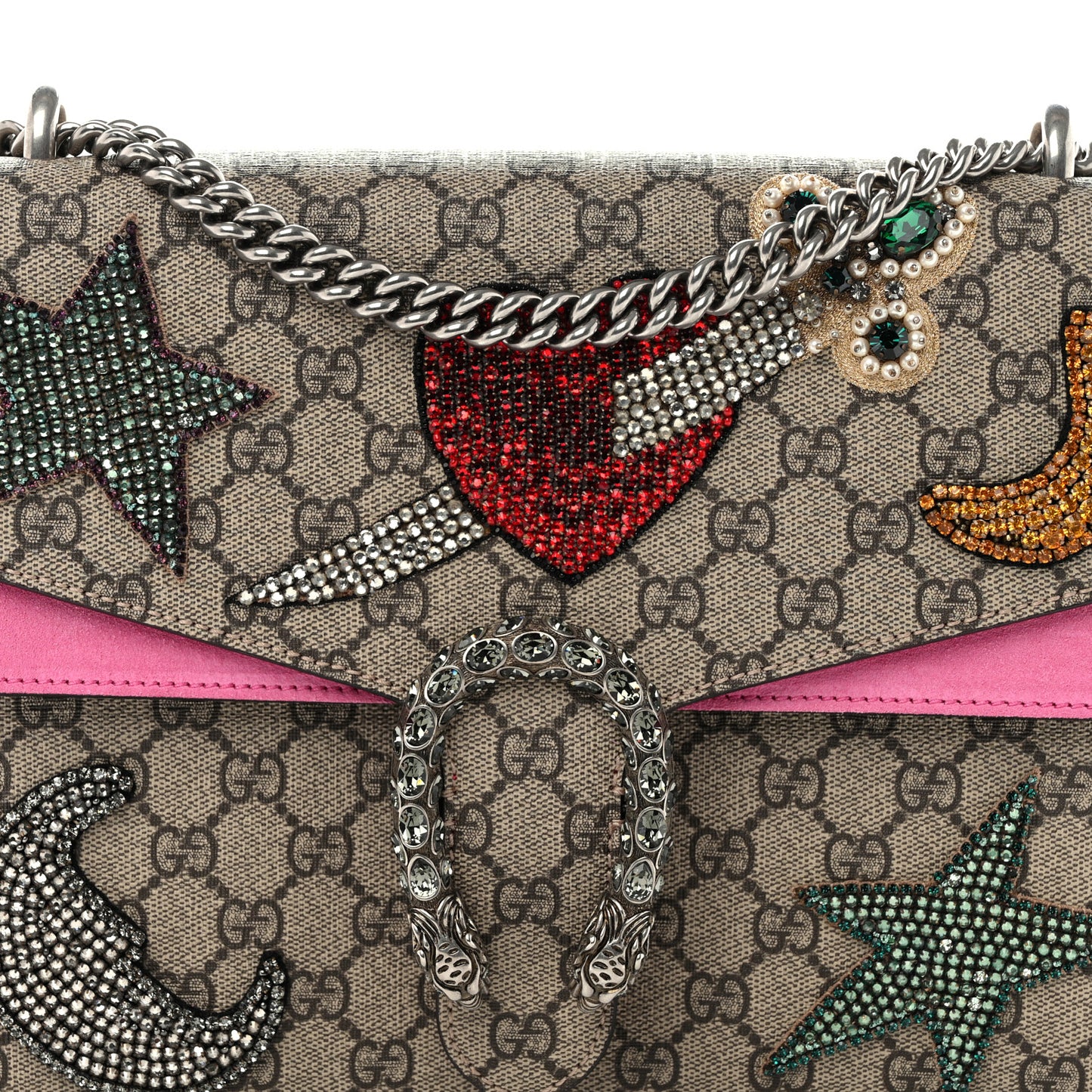 GG Supreme Monogram Suede Pierced Heart Embroidered Medium Dionysus Shoulder Bag Beige Ebony Pink Tropical Flower