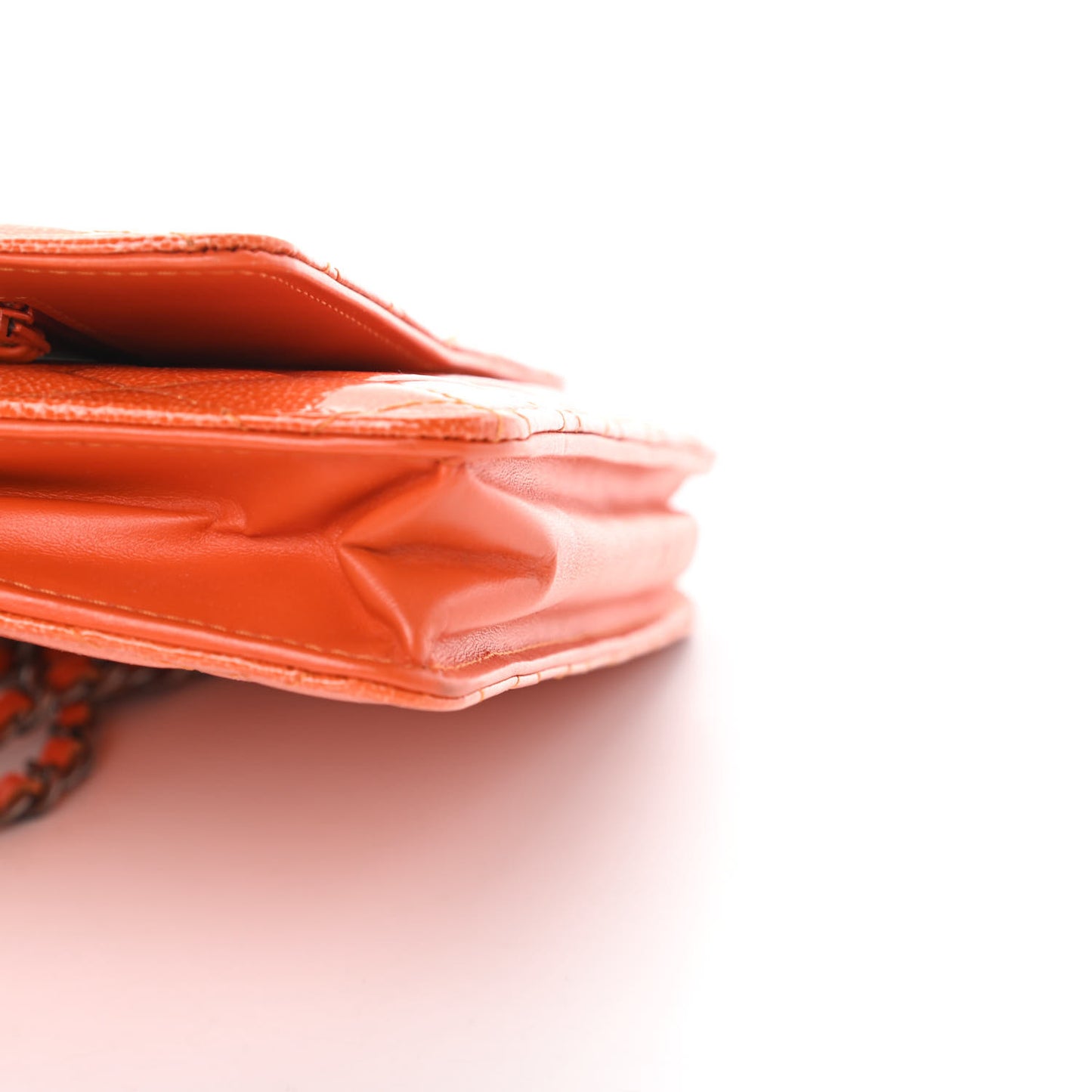 Distressed Patent Calfskin Quilted Wallet On Chain WOC Orange
