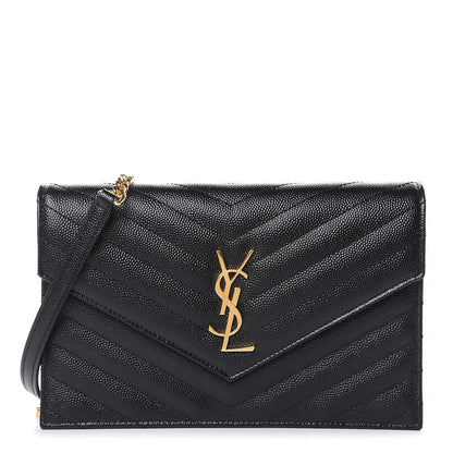 Saint Laurent Grain De Poudre Matelasse Chevron Monogram Envelope Chain Wallet Black 1 of 8