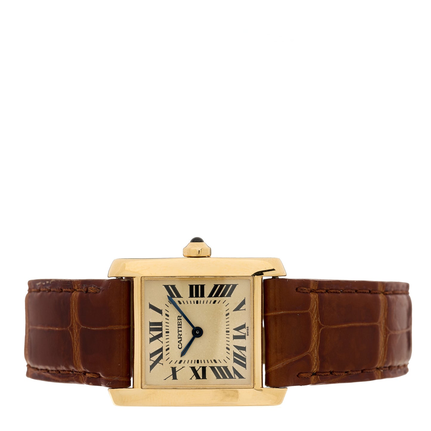 18K Yellow Gold Alligator 25mm Tank Francaise Quartz Watch Brown