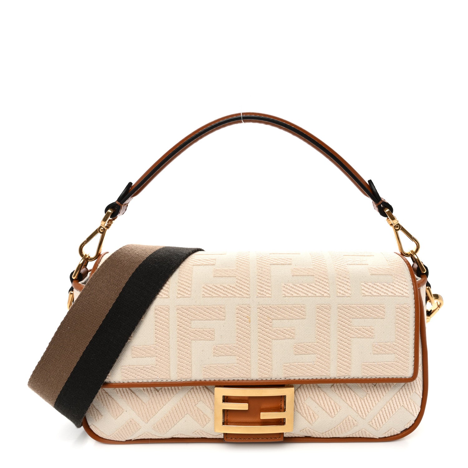 Fendi Canvas Vitello King Bi-Color Strap FF Embroidered Baguette Grezzo Brandy Cuoio 1 of 11