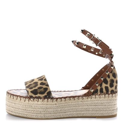 Valentino Garavani Canvas Leopard Print Rockstud Ankle Wrap Espadrille Flatform Sandals 39 Brown 1 of 10