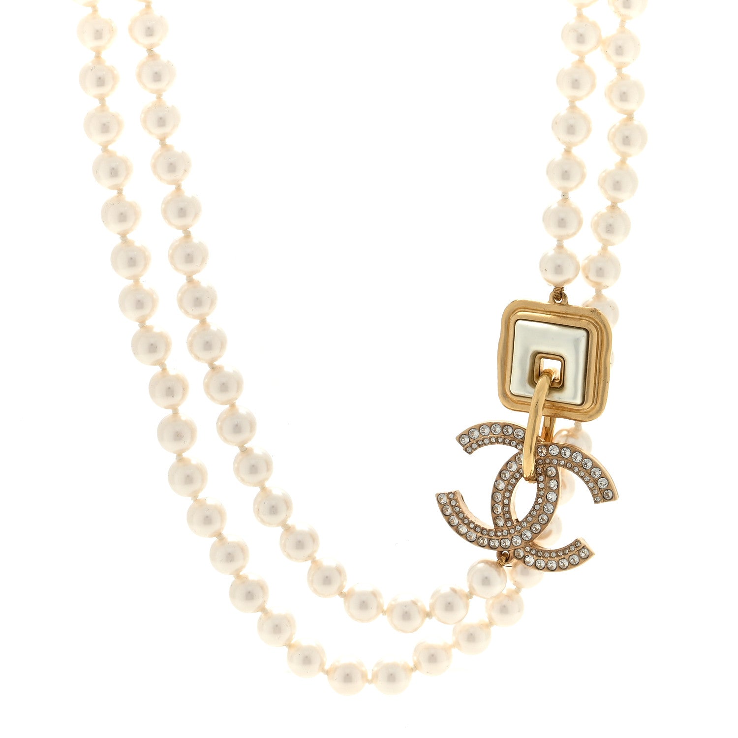 Chanel Pearl Crystal CC Square Long Necklace Gold Pearly White 1 of 5