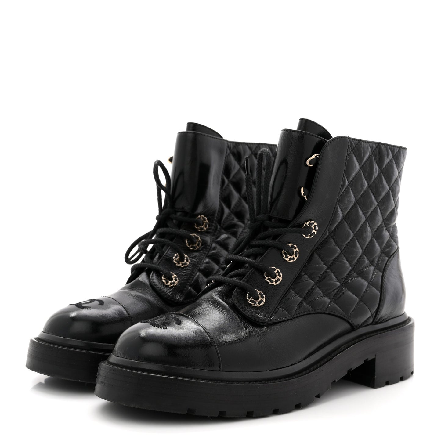 Shiny Goatskin Calfskin Quilted Lace Up Combat Boots 38.5 Black