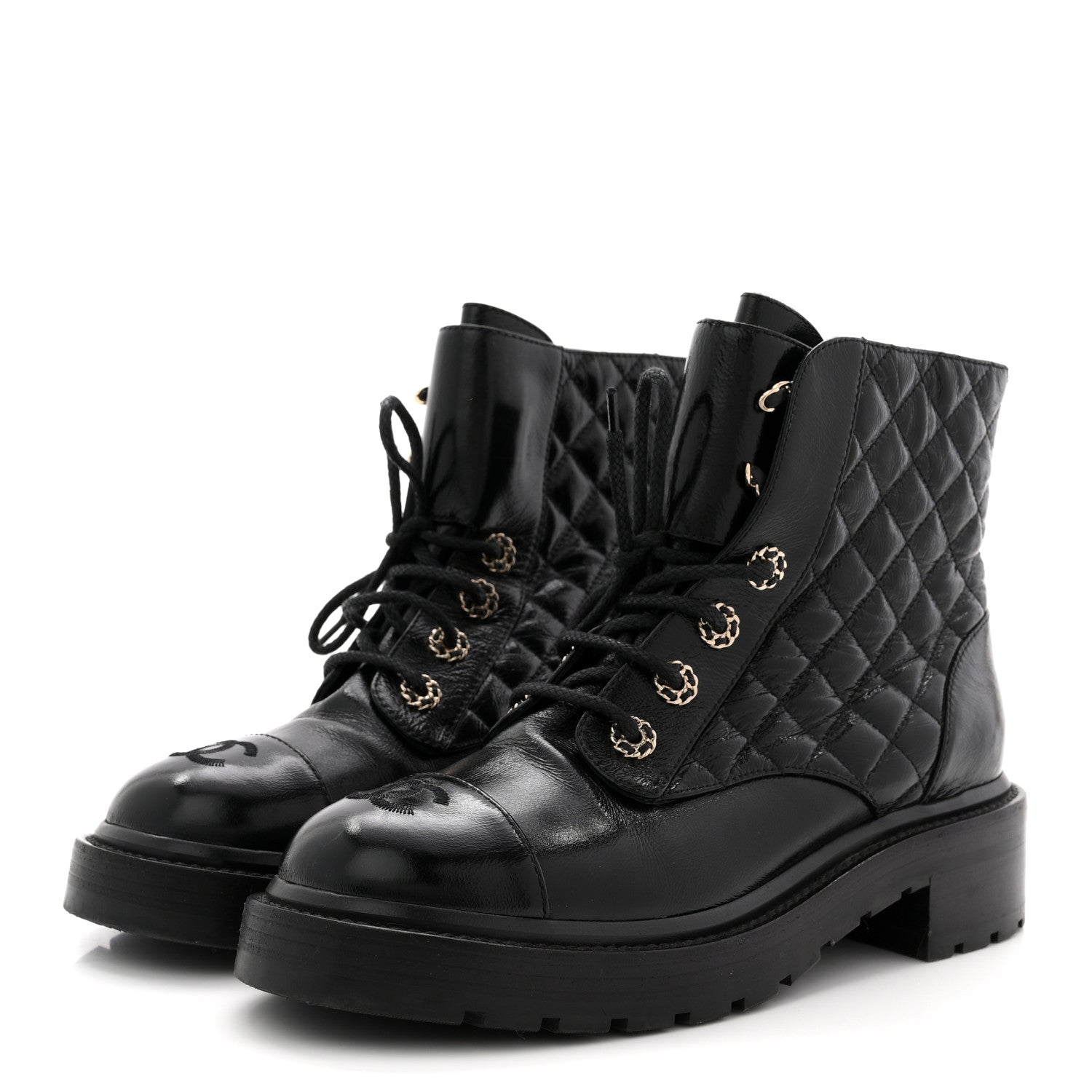 Chanel Shiny Goatskin Calfskin Quilted Lace Up Combat Boots 38.5 Black 4 of 9