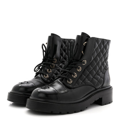 Chanel Shiny Goatskin Calfskin Quilted Lace Up Combat Boots 38.5 Black 4 of 9