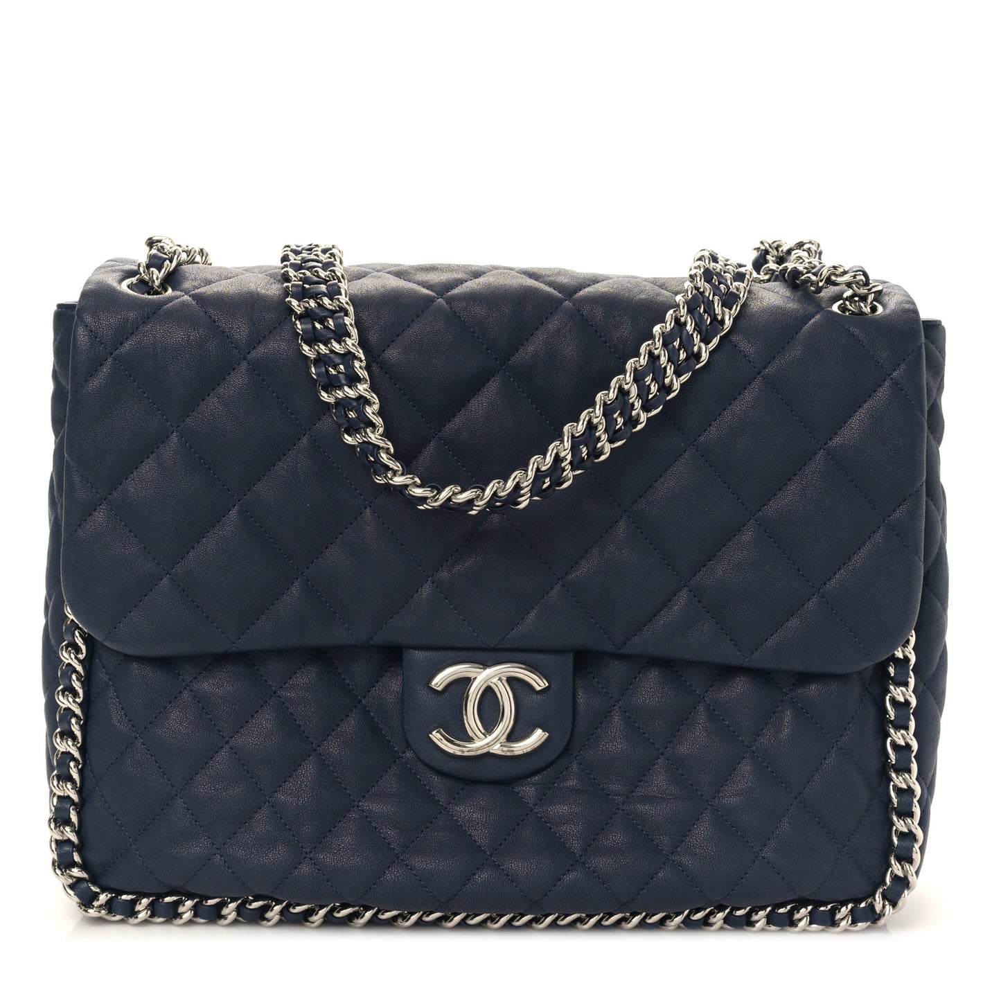 Washed Lambskin Quilted Chain Around Maxi Flap Dark Navy Blue