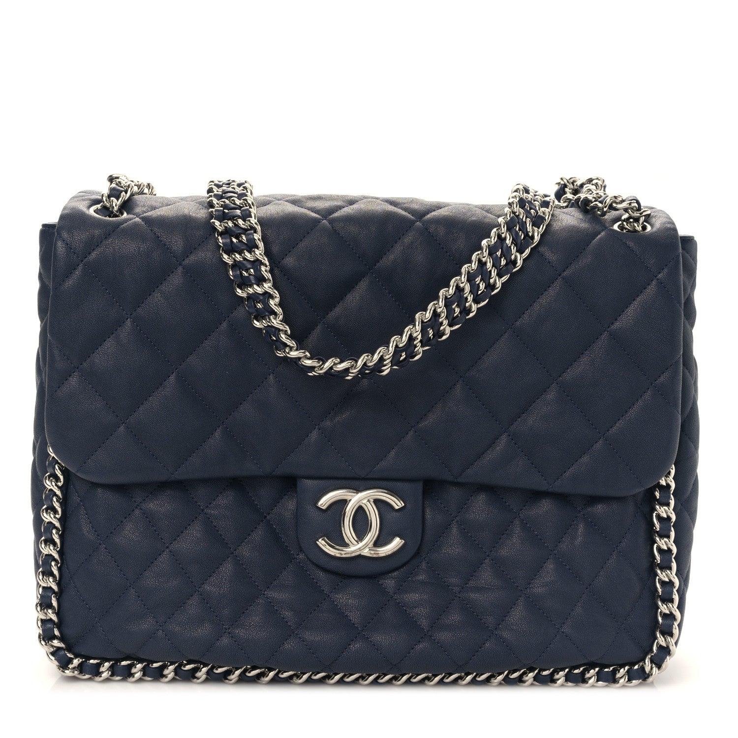Chanel Washed Lambskin Quilted Chain Around Maxi Flap Dark Navy Blue 1 of 9