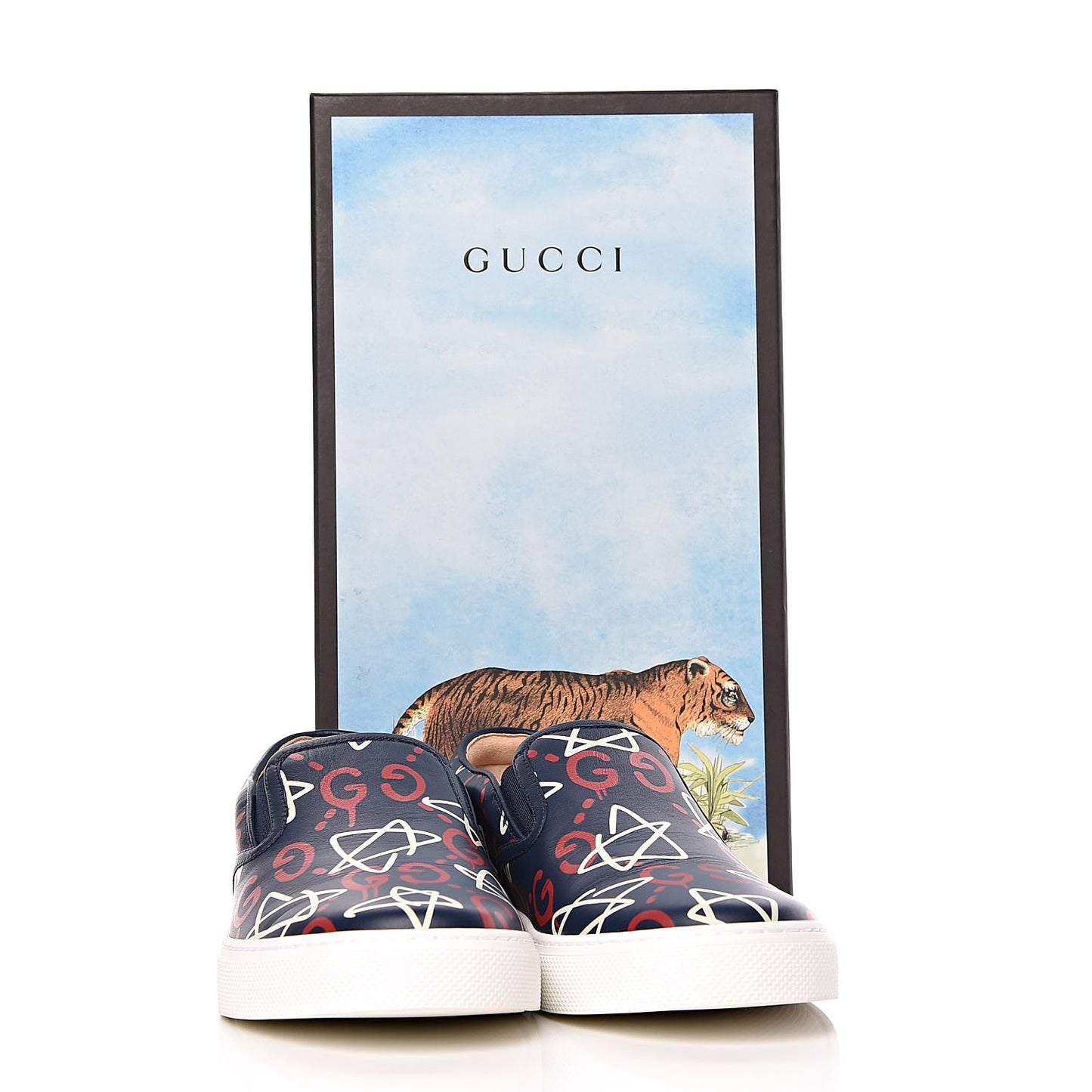 Calfskin GucciGhost Print Mens Dublin Slip On Sneakers 9.5 Blue Agata Hibiscus Red