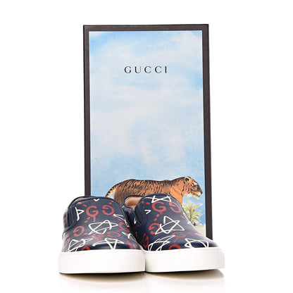 Gucci Calfskin GucciGhost Print Mens Dublin Slip On Sneakers 9.5 Blue Agata Hibiscus Red 8 of 8